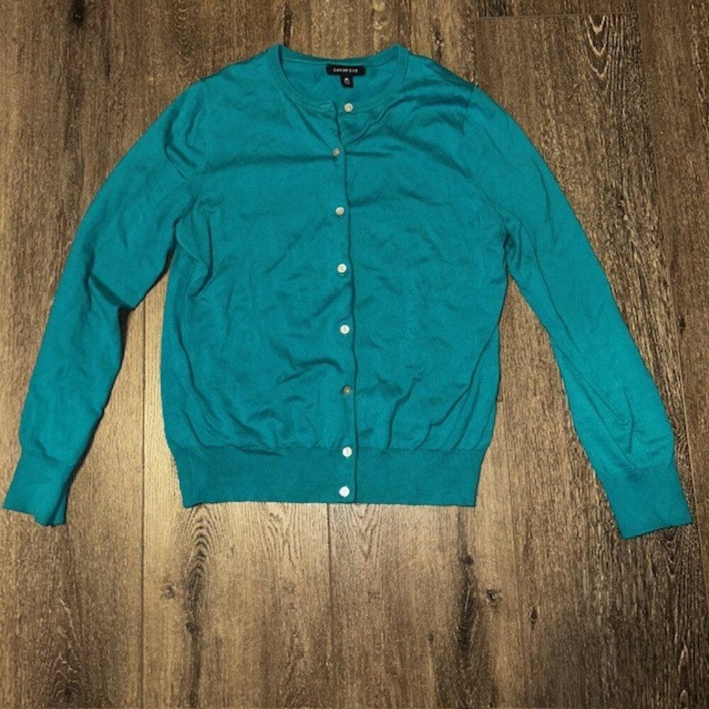Lands’ End Women’s Sweater Green Cardigan 76% Baumwolle Sz M Preppy Academia
